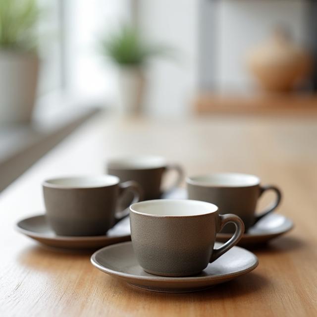 Vier minimalistische Espresso-Tassen im Set, erdige Farben