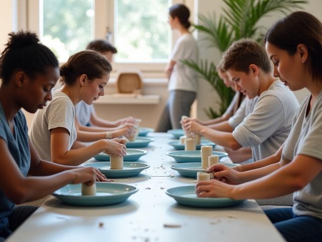 Gruppe von Menschen, die in einem hellen Töpfer-Workshop an der Scheibe arbeiten.