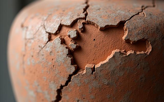 Historische Terrakotta-Vase vor der Restaurierung, mit deutlichen Rissen und Fehlstellen