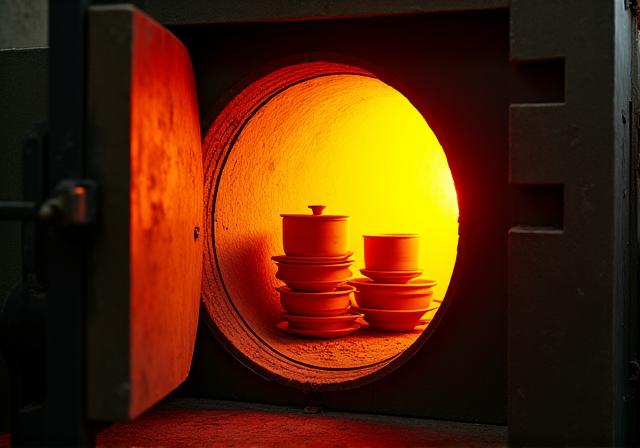 Innenansicht eines Industriekofens, in dem Keramikstücke bei hoher Temperatur gebrannt werden.